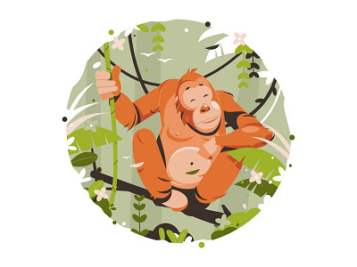 Happy Orangutan Hanging on Tree