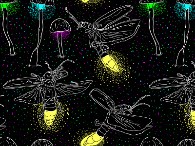 Fireflies and Glowing Mushrooms gloomy insect mushroom pattern repeat seamless