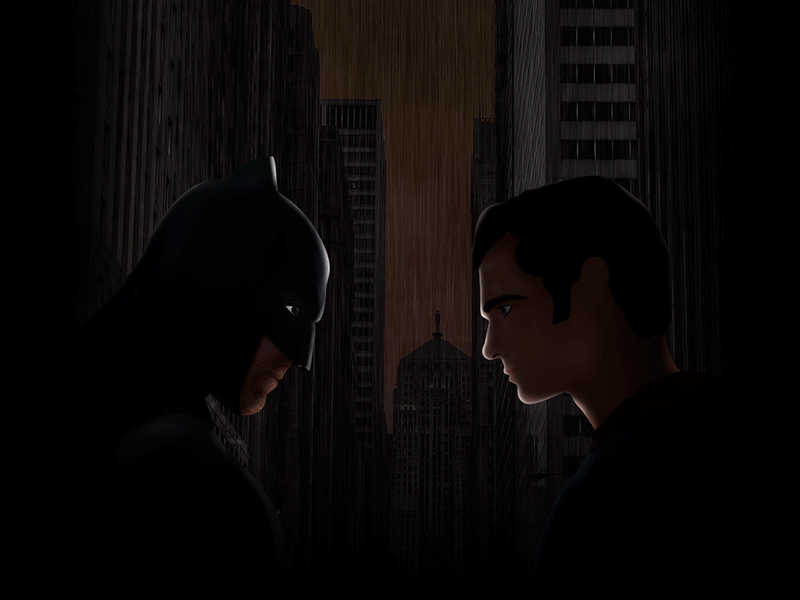 Batman vs Superman animation batman city dark darkness marvel movie rain superman thunder traditional vs