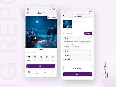 Insta Re-posting Mobile App app branding concept cool creative daily 100 challenge dailyui design free freebie minimal mobile app design mobile ui modern modern design negative space post purple ui ux