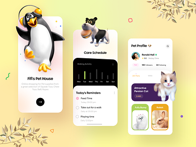Pet care mobile app - UX/UI Design 2d art 3d art app cards cat clean ui dailyui design dog free minimal mobile app modern muudy penguin pet care schedule trend ui ux