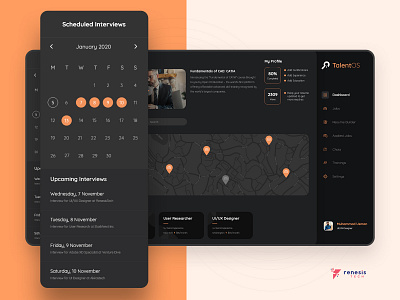 Hiring Talent and Job Applications Dashboard dark app dark theme dashboard ui design free free psd free xd hiring job job seeker stats ui user experience userinterface ux