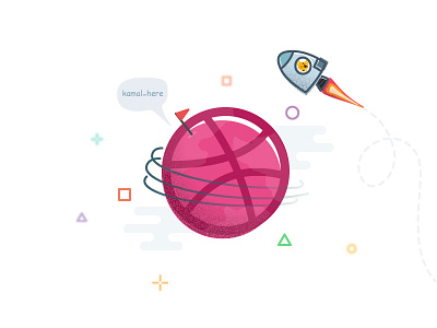 Hello Dribbble! callout debute first shot illustration kamal here mark pink planet rocket thank you travel