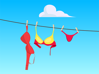 Women's lingerie sets hang on a rope. The underwear is dried after