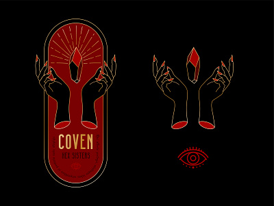 Coven Logo badge badge logo crystal dark eye gold halloween hands hex illustration lines logo red spooky witch witchcraft witchy