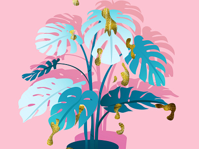Golden Plant Closeup blue drip gold illustration illustrator leaves pastel pink plant poster texture