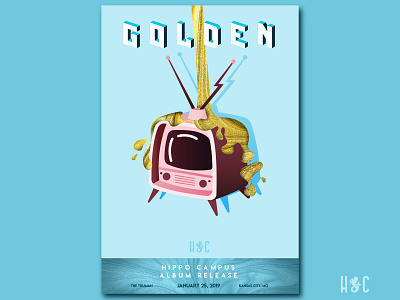 Golden Poster Pt. 2 album band blue color gold golden gradient hippo campus illustration illustrator lines pink poster shading text texture tv typography vintage