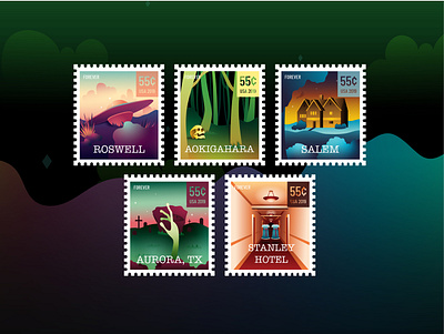 Destination Unknown Stamp Collection alien branding collection color gradient haunted illustration illustrator line paranormal postage postage stamp scifi stamps texture