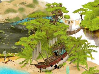 Ship in jungle beach bridge bushes campfire dunes grass jungle ropes sail shipwreck swamp trees