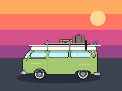 Sunset van car flat illustration line simple sunset surf surfboard van vintage