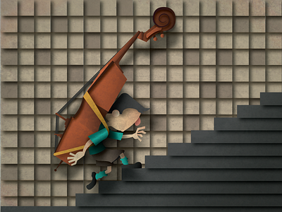 Climbing stairs contrabass music person shadows square stairs texture tired