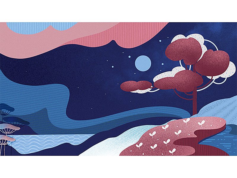 Fluffy night digital art procreate flat illustration vector water tree night landscape