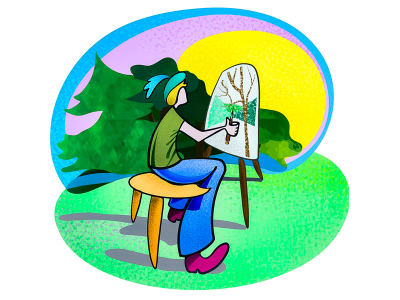 Artist painting landscape canvas pencil brush people man artist modern design dots body 2d sketch character digital flat procreate vector illustration