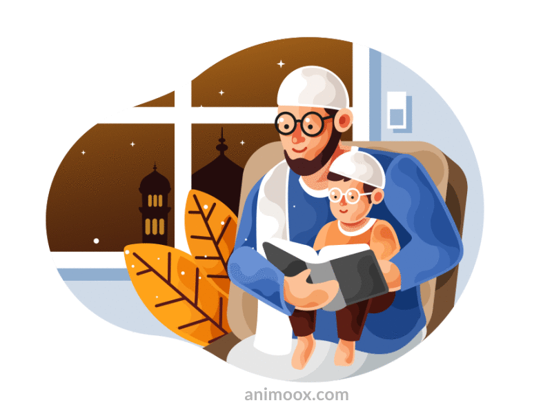 Muslim father teaching his son to read Koran_Ramadan
