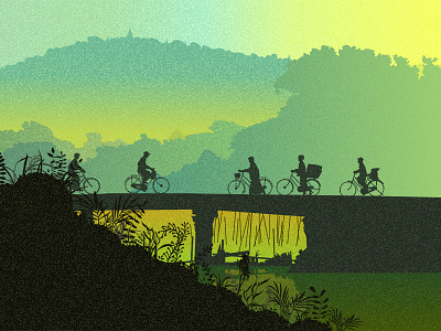 Shantou, Guangdong, China bridge green illustration illustrator mountain people river scenery