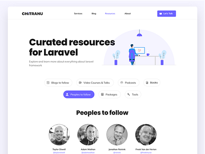 Curated Resources - Laravel awesome blogs clean community design follow illustration landing page laravel minimal peoples pills resources tabs team ui web