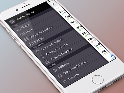 iPhone app side menu finance and investing flat icons interface ios iphone mobile app menu minimal navigation side ui