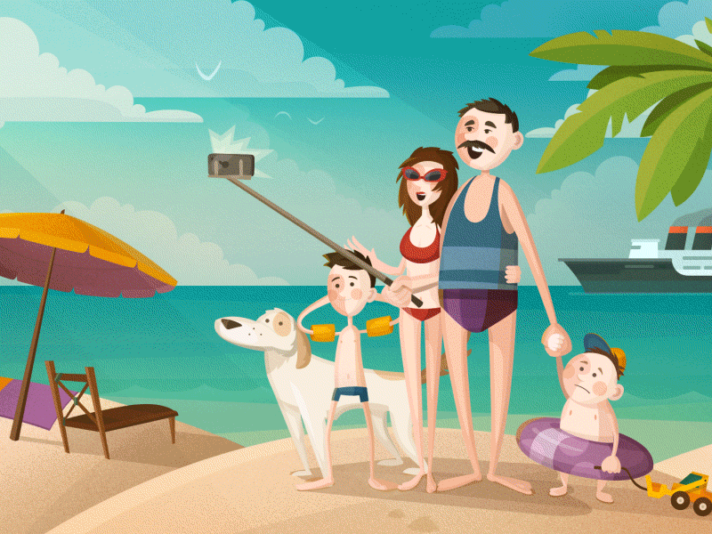 Family Animated [gif] after effects animation beach character family illustration postly selfie untime