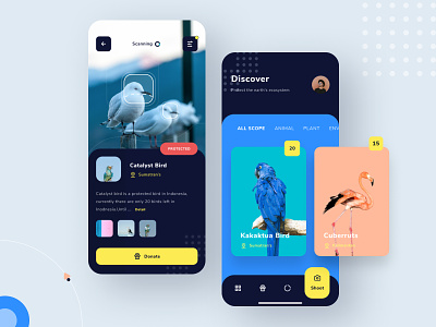 Promal Animal Conservation App animal app bird blue clean dark design design app exploration figma ios ui ux yellow