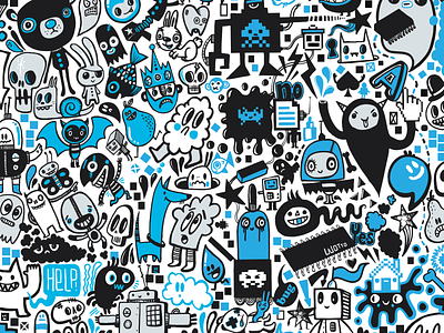 Digital Doodle Pattern all over prints black and blue blue character design characters cute design doodles fabric illustration pattern repeat pattern vector wotto