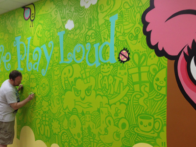 We Play Loud Mural branding characters doodles kids mural painting wotto