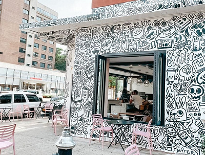 TextBook Coffee Shop, Brooklyn NYC branding characters coffee shop doodles mural mural art muralist streetart wall art wotto