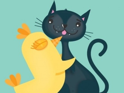 Like Birds and Cats - Greetings card art birds birthday card cates character design cute greetings cards happy hugging illustration kissing lovable retro valentines day wotto yellow