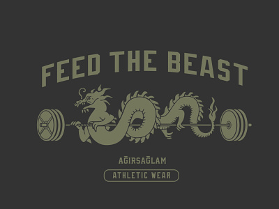 Feed The Beast apparel athletic barbell branding collection dragon eastern illustration lock up logo mascot merch retro room tee tshirt vector vintage weight weights