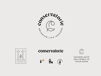 Conservatorie Brand Assets box branding cute delivery design houseplants identity illustration leaf lettering logo minimal monoline packaging plants studio ui usa ux vector