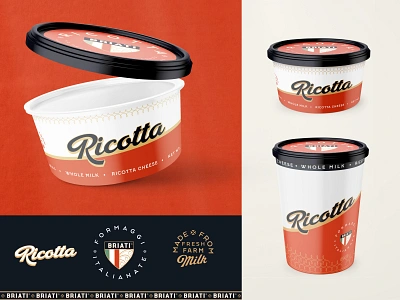 Briati Ricotta Cheese artwork branding cheese concept cream die dieline identity illustration lid logo milk packaging packaging design rebrand rebranding tub typography ui vintage