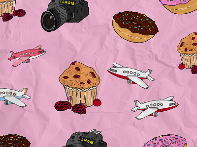 Wrapping Paper Illustrations II camera cherry cranberry donut flight handmade illustration muffin pattern pink travel wrapping paper