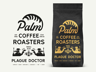 Palm Coffee Roasters Plague Doctor badge branding brew coffee dark design gothic high end icon identity illustration lettering logo minimal packaging retro roast typography vector vintage