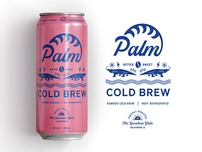 Palm Coffee Komodo Cold Brew brand branding brew can coffee cold coldbrew color concept craft design identity illustration lettering logo packaging pink retro typography vector