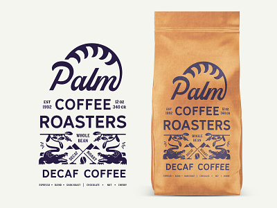 Palm Coffee Roasters Decaf bag branding coffee concept decaf design identity illustration label lettering logo market packaging palm pouch retro roastery typography vector vintage