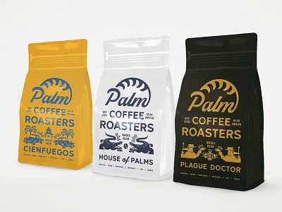 Palm Coffee Line up artwork bag beverage branding coffee concept cuban design espresso gator house identity illustration lettering logo packaging plague retro typography vintage