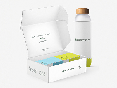 Boringwater Retail Box and Water Bottle beverage branding branding concept clean cold concept environment hydrate hydration koozie minimal minimalism package packaging plastic simple sustainable typography vector water
