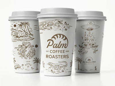 Palm Coffee Paper Cups agency alligator branding branding agency branding and identity collaboration cup drawing florida gator hand made illustration illustration design komodo lion packaging palm paper studio ufo