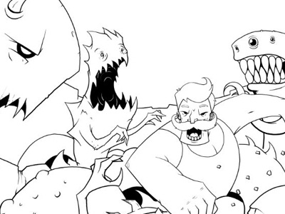 Action Shot-Inked digital illustration man monsters punching