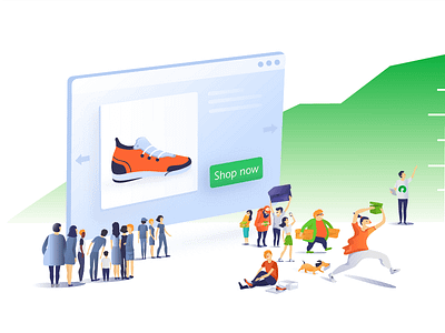 Prospecting illustration ads crowd happy people shop sneakers