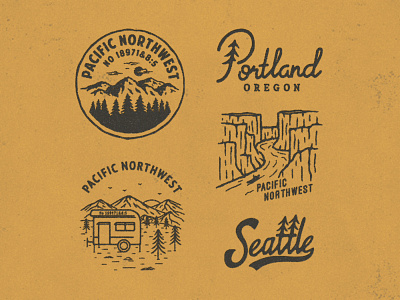 Pacific Northwest adventure apparel apparel graphics badgedesign branding design graphic design hand drawn illustration logo logotype mountains outdoor typography