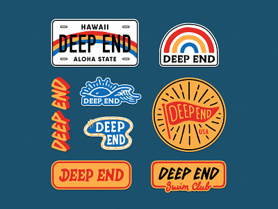 Deep End Stickers apparel artwork badgedesign brand identity branding californiaclothing design good vibes graphic design hawaiian illustration logo logotype merch design sticker design surf swimwear typography
