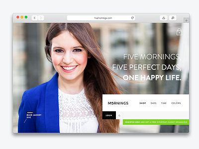 Five Mornings homepage blue ecommerce fashion homepage shop website