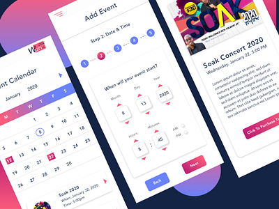 WunCode adobe adobe xd blue calendar creative design design event app events frontend design frontend development gradients javascript katherine adjahoe pink red ui ux ux design white wizards