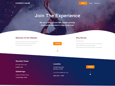 Church One Page Website Template adobe xd blue church church homepage contact form events display gradient button home page design one page site one page template one pager orange purple ui design worship website