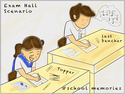 Common classroom experiences design dream exam exam hall good old days illustration kids last bencher memories music old is gold old memories school school bench school days school memories song topper vector