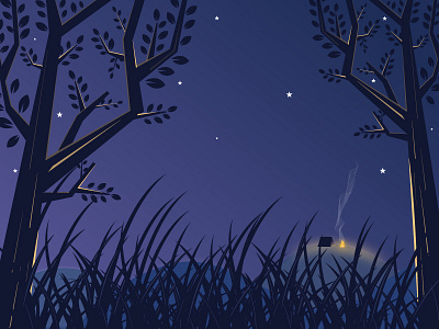 The Hermit in the Night art design dribbble fire giveaway grass hut illustration leafs lights and shade love mountain nature night light nightlife peace relax travel tree vector