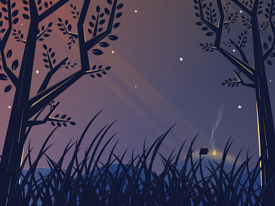 The Hermit in the Night_Another Version art beautiful branding campfire design dream dribbble fun hut illustration landscape lights love mood nature peace save trees shade share vector