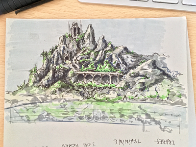 Castle on a cliff artwork brush markers castle cliff drawing mansion mountain rocks sketch