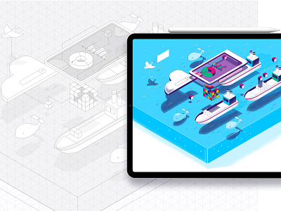 Isometric infographics with textures. boath cloud concept container illustration infographic interaction model network platform sea search tablet texture ux vector