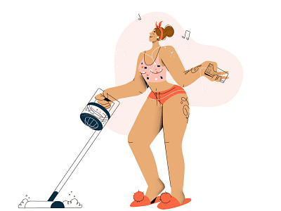 Girl vacuuming and listening to music character character design doodle funny hand drawn happy headphones homework illustration life style mood music noize smartphone soft texture ui ux vacuum vector